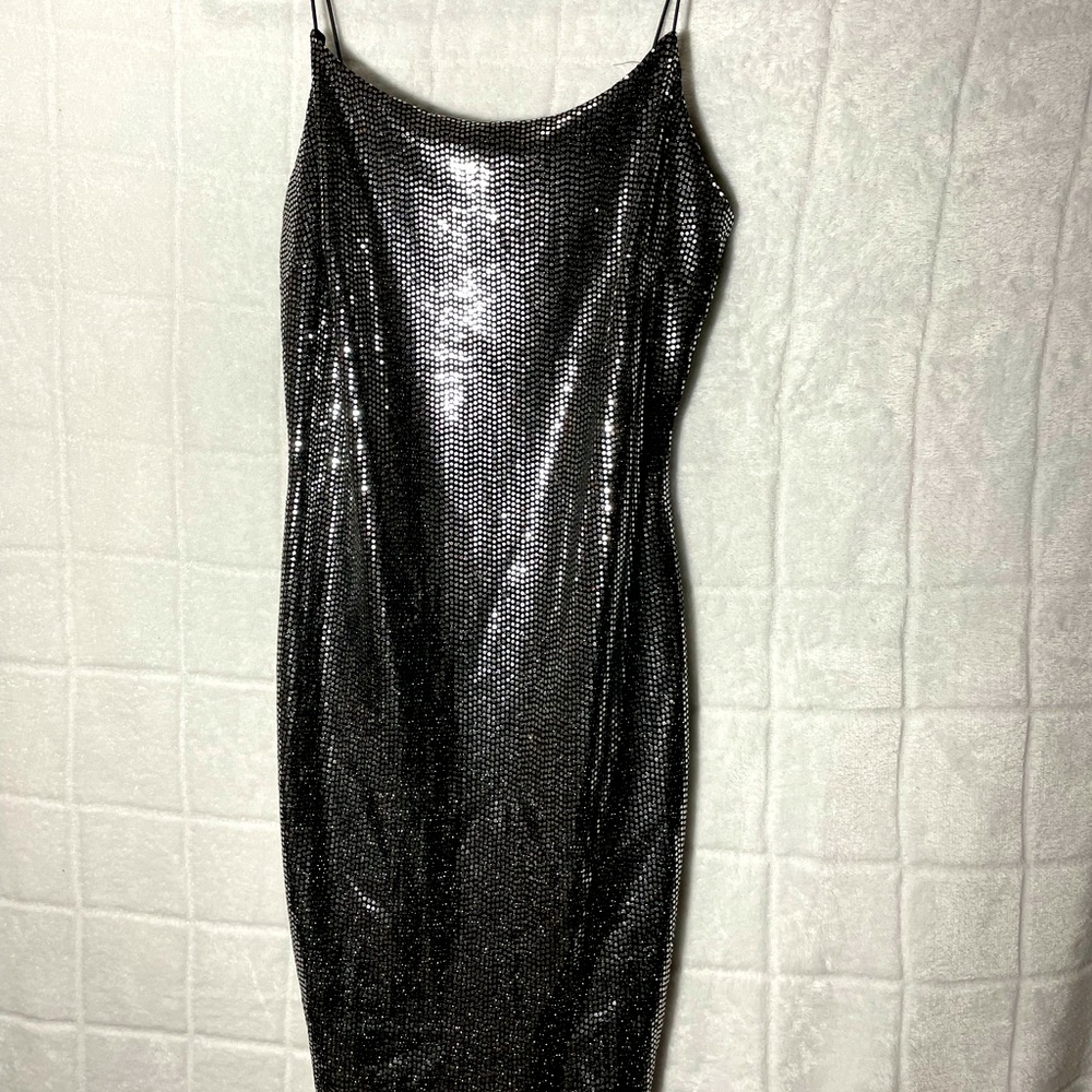 Iris silver shiny party disco metallic mini bodycon dress shiny sz XL NEW